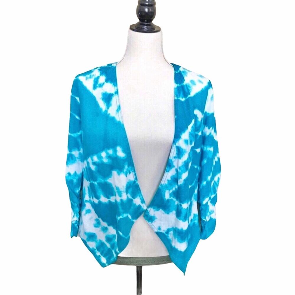 INC Blue Linen & Lace Tie Dye Turquoise Open Front Top